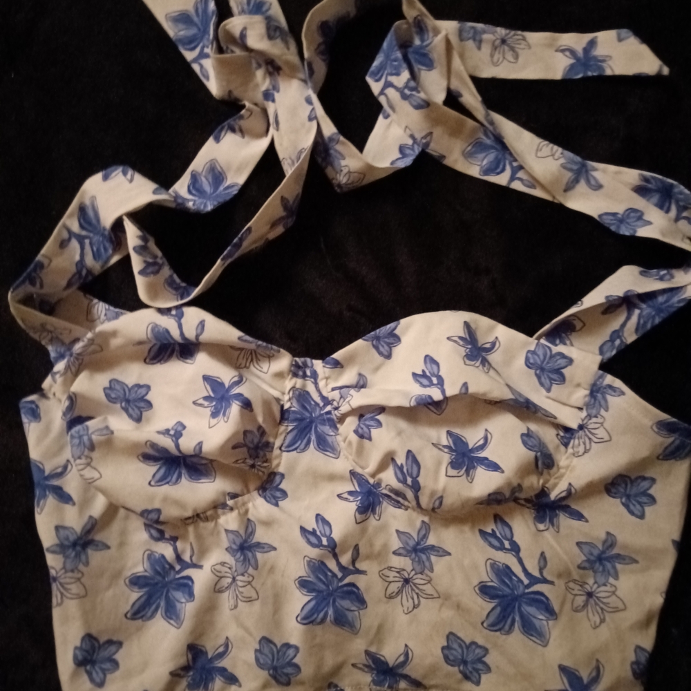 SHEIN Blue and Cream Bustier Tie Front Tank Top